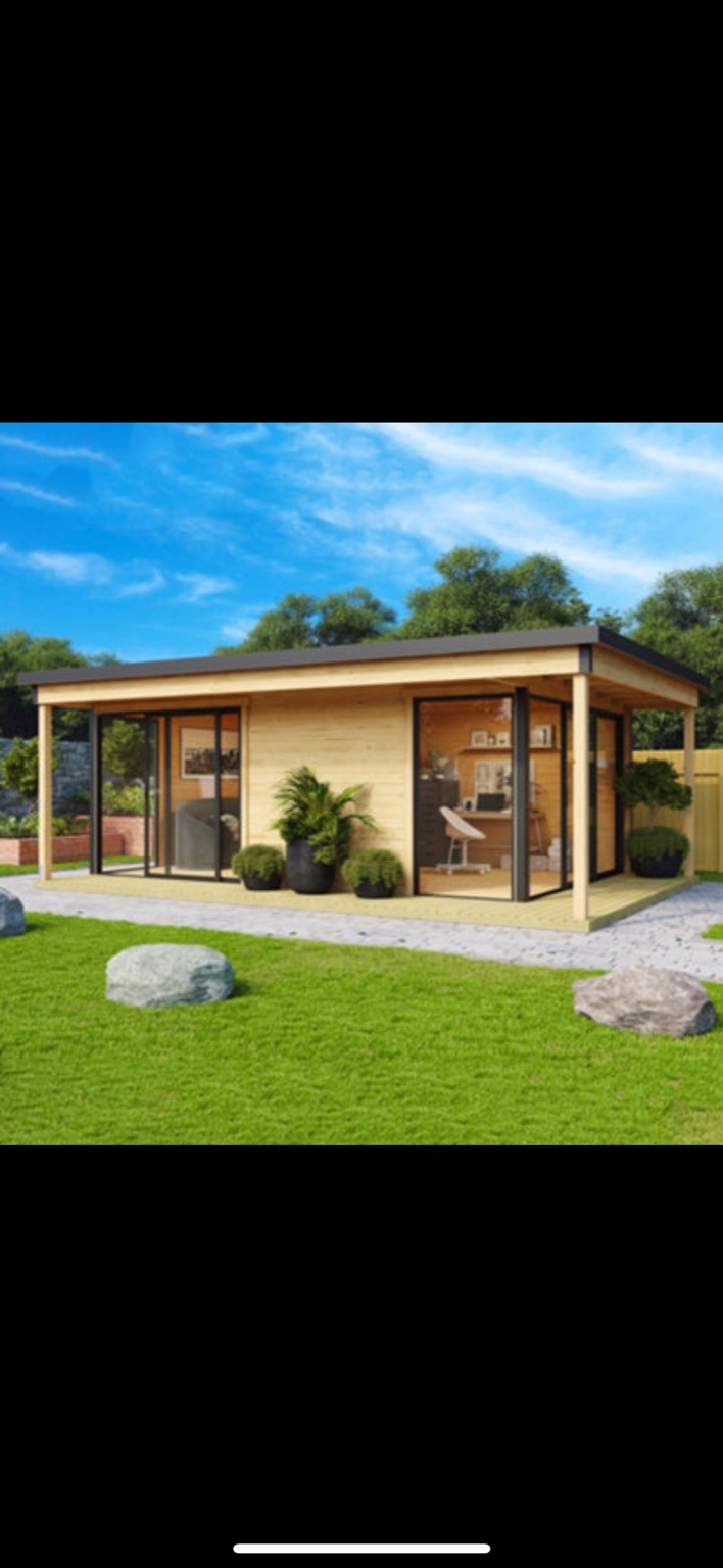 Timber-clad garden room with canopy